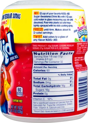 Kool Aid Container Nutrition Label PNG Image