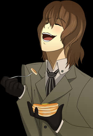 Laughing Anime Character Holding Pancakes PNG image with transparent background
