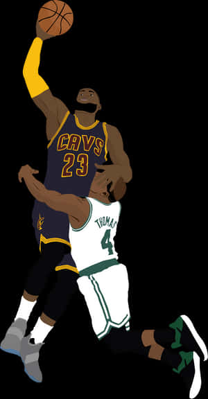 Le Bron James Dunking Over Defender PNG image with transparent background