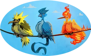 Legendary Bird Trio Artistic Interpretation PNG Image