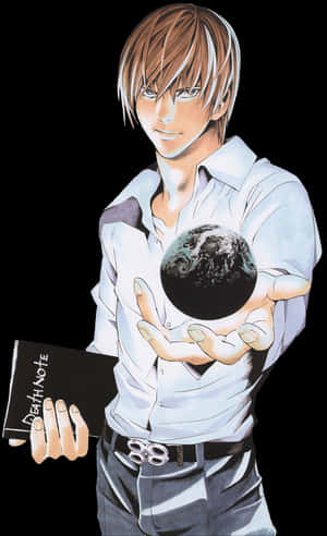 Light Yagami Holding Death Noteand Earth PNG image with transparent background