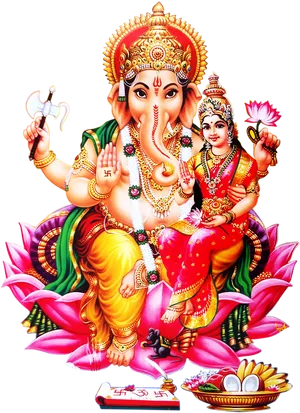 Lord Ganeshaand Goddess Lakshmion Lotus PNG Image