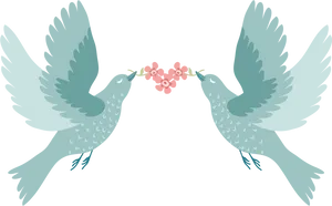 Love Birds Sharing Flower Branch PNG Image