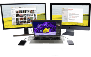 Macbookand Monitors Setup PNG image with transparent background