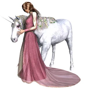 Maiden_with_ White_ Unicorn PNG Image