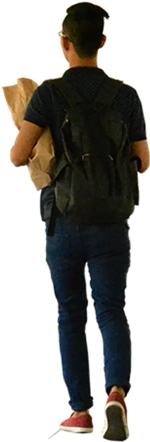 Man Carrying Groceries With Backpack PNG Image