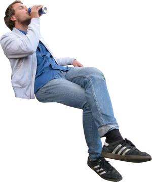 Man Drinking Beverage While Sitting Invisible Chair PNG Image