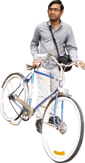 Man Holding Bicycle Black Background PNG Image