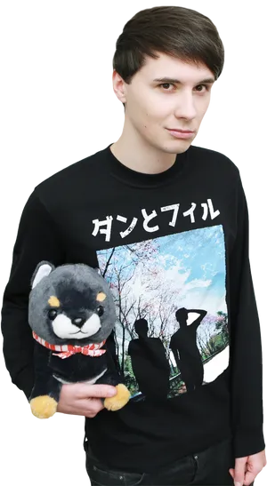 Man Holding Plush Toy With Japanese Text Sweatshirt PNG Image