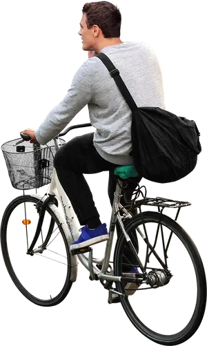 Man Riding Bicycle With Basketand Bag PNG Image