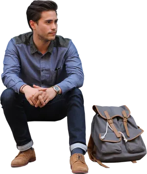 Man Sitting With Backpack PNG Image