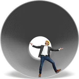 Man Surfing Giant Metal Pipe PNG Image