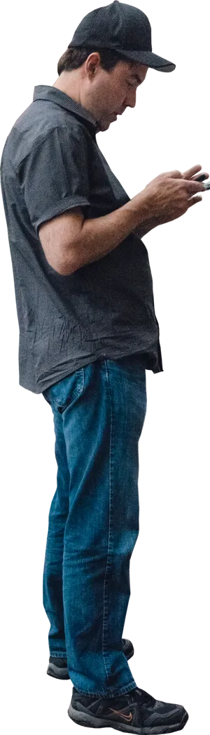 Man Using Smartphone Standing Side View PNG Image