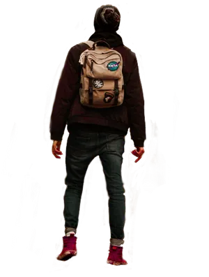 Man With Backpack Standing Against Black Background PNG Image