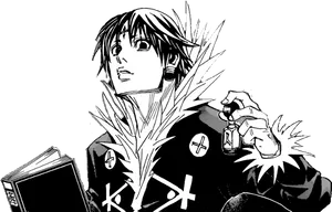 Manga_ Character_ Holding_ Lighter_and_ Book PNG Image