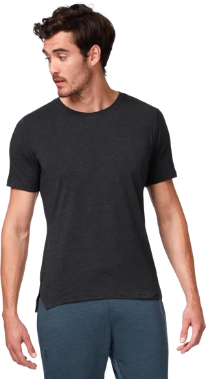 Manin Black T Shirt Looking Aside PNG Image