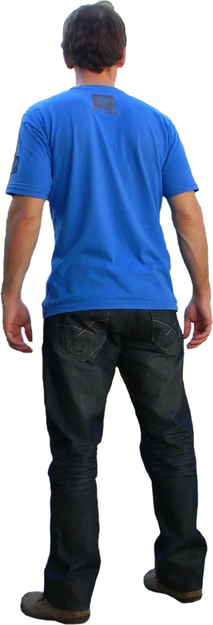 Manin Blue Shirt Standing Back View PNG Image