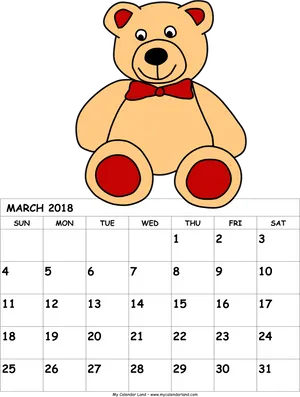 March2018 Teddy Bear Calendar Clipart PNG Image