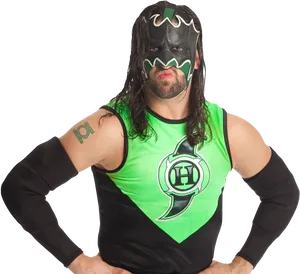 Masked Wrestlerin Greenand Black Attire PNG Image