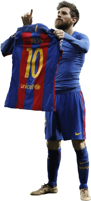 Messi Holding Barcelona Jersey PNG image with transparent background