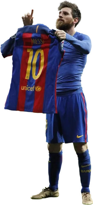 Messi Holding Barcelona Jersey PNG Image