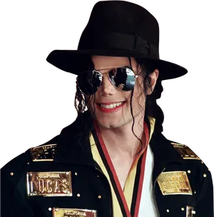 Michael Jackson Smilingwith Hatand Sunglasses PNG Image