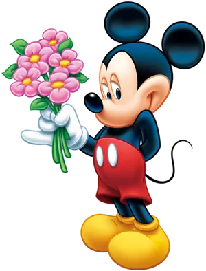 Mickey Mouse Holding Flowers PNG Image