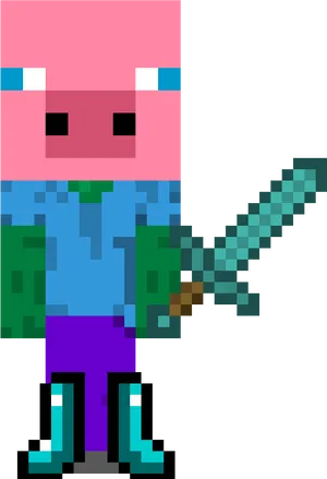 Minecraft Character With Diamond Sword.png PNG Image