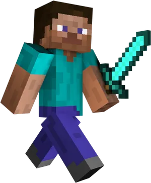 Minecraft Steve With Diamond Sword PNG Image