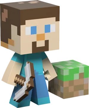 Minecraft_ Steve_with_ Pickaxe_and_ Block PNG Image