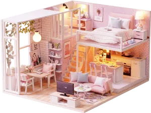 Miniature Pink Dollhouse Interior PNG Image