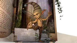 Mischievous Forest Elf Emerging From Book PNG Image