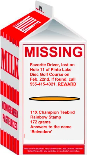 Missing Disc Golf Driver Milk Carton PNG Image