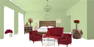 Modern Living Room Red Accents PNG Image