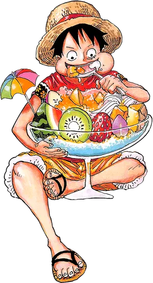 Monkey D Luffy Eating Fruit Salad PNG Image