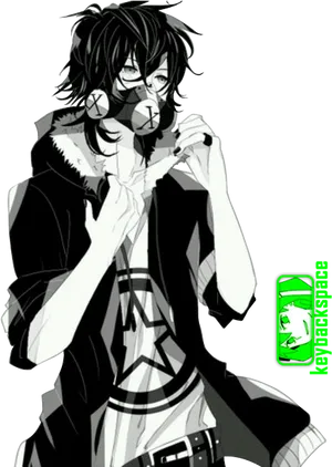 Monochrome_ Anime_ Boy_with_ Mask PNG Image