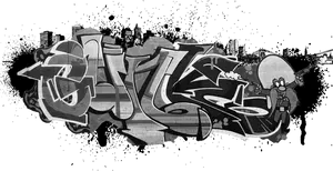 Monochrome_ Graffiti_ Art_with_ Cartoon_ Character PNG Image