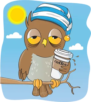 Morning Coffee Owl Cartoon PNG Image