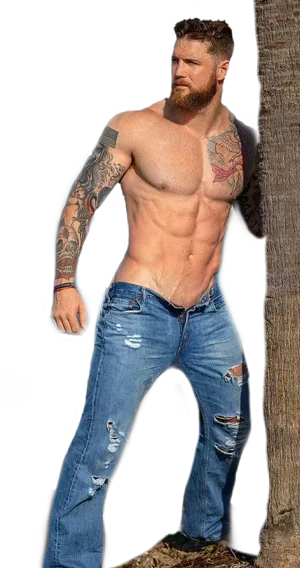 Muscled Tattooed Man Leaning Against Tree PNG Image