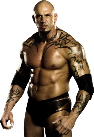 Muscular Wrestlerwith Tribal Tattoos PNG Image