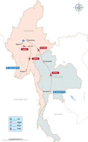 Myanmar Thailand Travel Route Map PNG Image