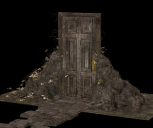 Mysterious Door Surroundedby Rubble PNG image with transparent background