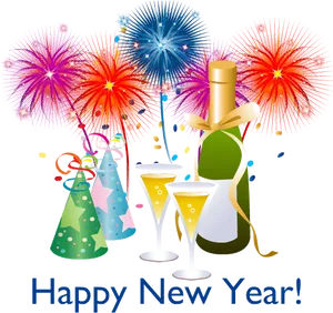 New Year Celebration Fireworksand Champagne PNG Image