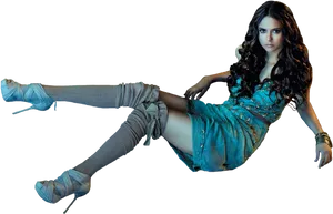 Nina Dobrev Blue Dress Pose PNG Image