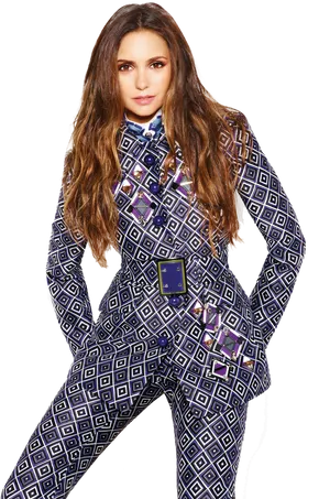 Nina Dobrev Geometric Pattern Suit PNG Image