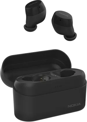 Nokia Black Wireless Earbudsand Charging Case PNG Image