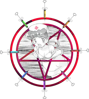 Nurse Character In Pentagram With Syringes PNG Image