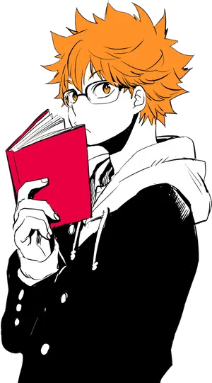 Orange Haired Anime Character Reading Book PNG Image