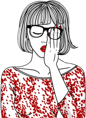 Pensive Girlwith Red Glassesand Leopard Top PNG Image