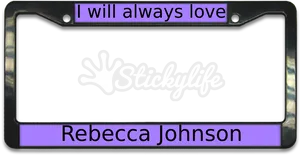 Personalized Love License Plate Frame Rebecca Johnson PNG Image